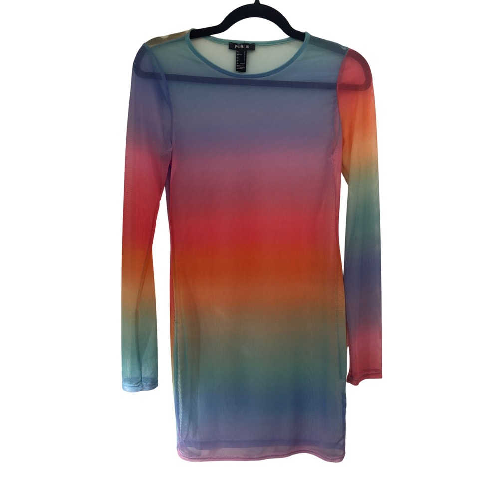 Rainbow Ombre Mesh Dress Womens L Sheer Long Sleeve Bodycon Mini Rave Festival
